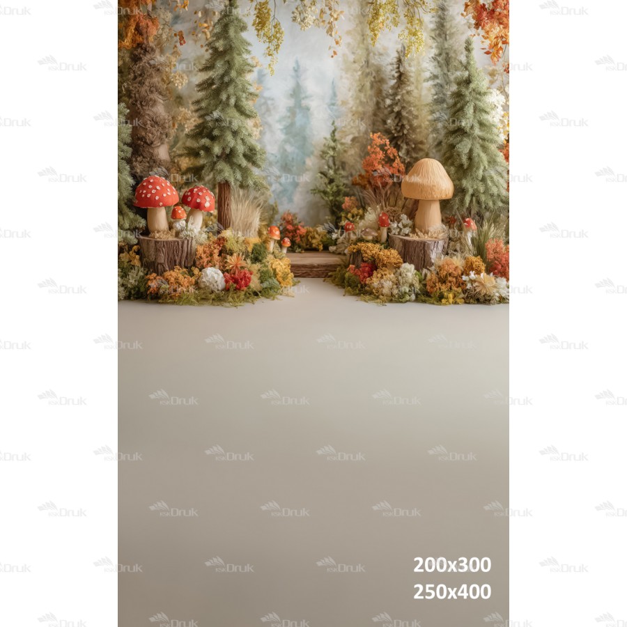 Jesienne tło fotograficzne – pastelowy jesienny las z muchomorami | J_238